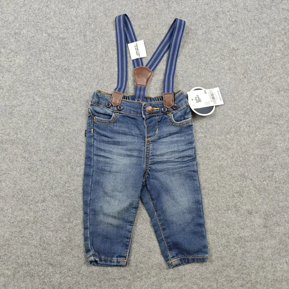 OshKosh B'gosh Jeans Boys Size 3-6 Months Blue Ankle Suspenders Knit Denim New